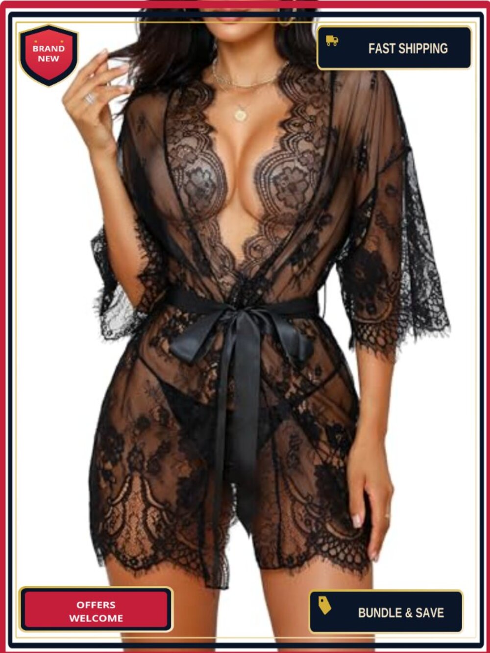 Womens Lace Kimono Robe Set with G-String Chemise Sleepwear